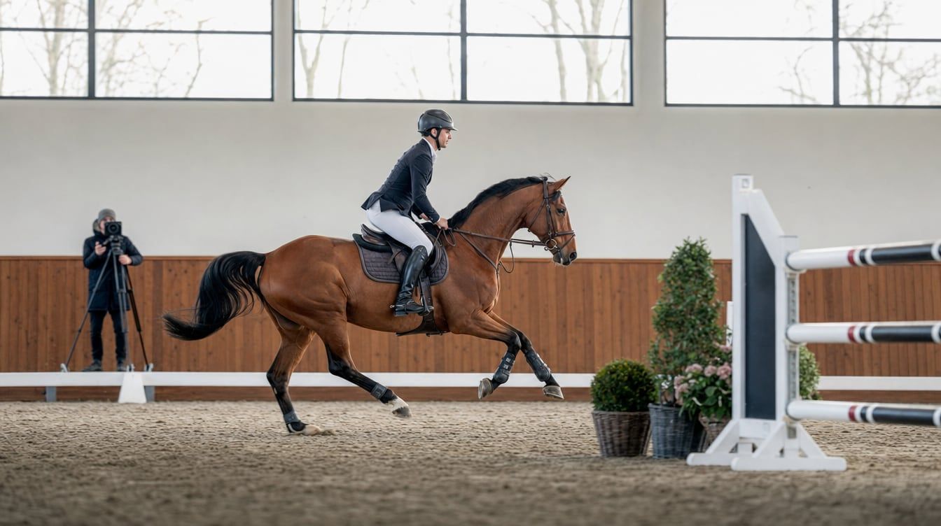 Rider and showjumper in balance approaching an oxer, filmed for careful video evaluation.