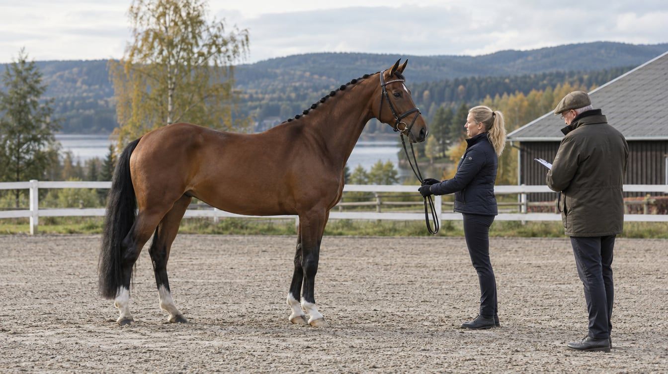 En norsk varmblodshoppe blir vurdert på hånd under utstilling