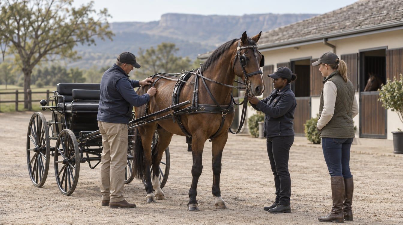 Two handlers checking a bay horse's harness beside a carriage while another person watches in a stable yard