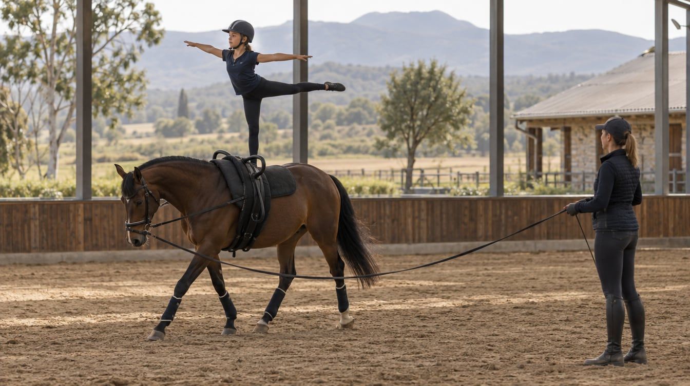 Person practising a balance exercise on a lunged horse in an indoor arena