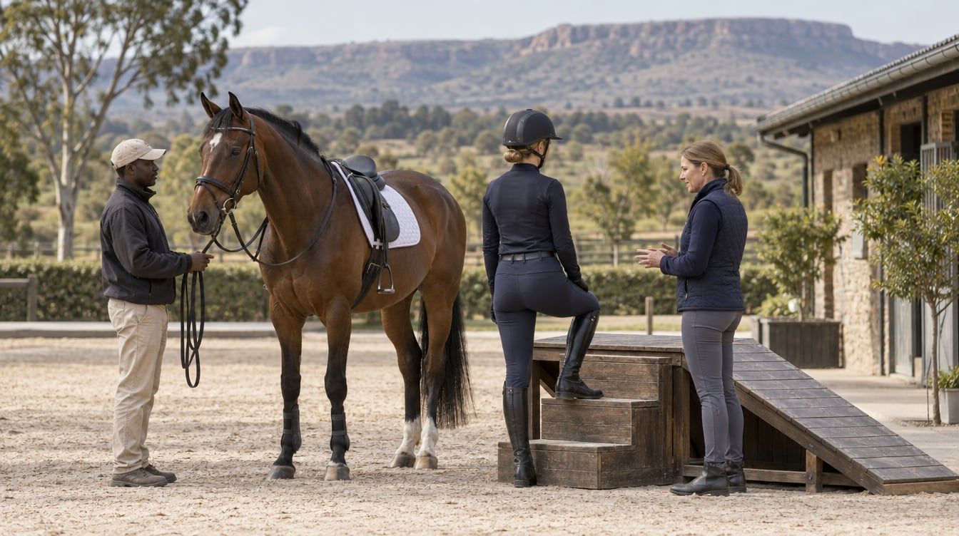 A rider, coach and handler with a saddled bay horse beside a mounting ramp