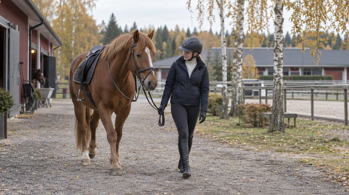 Rautias satuloitu hevonen ja kypäräpäinen taluttaja kävelevät tallipihalla syksyisten koivujen vieressä.