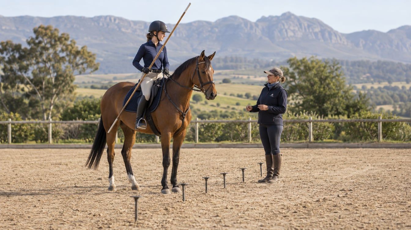 Mounted rider beside a row of ground pegs in an arena