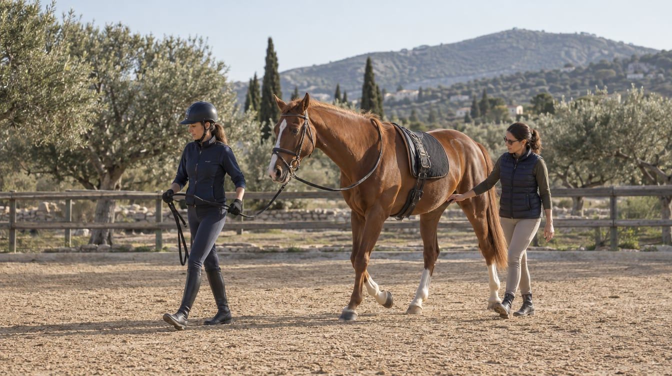 Δύο άνθρωποι περπατούν δίπλα σε καστανό άλογο μέσα σε περιφραγμένο ιππικό χώρο.
