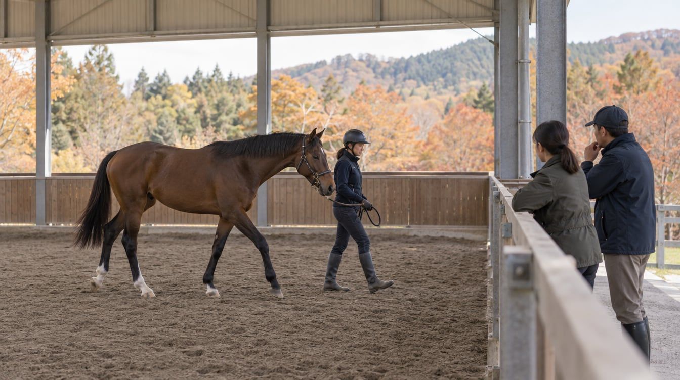 若馬の見学と購入前の確認をテーマにしたイメージ画像（実際の上場馬や市場当日の記録ではありません）