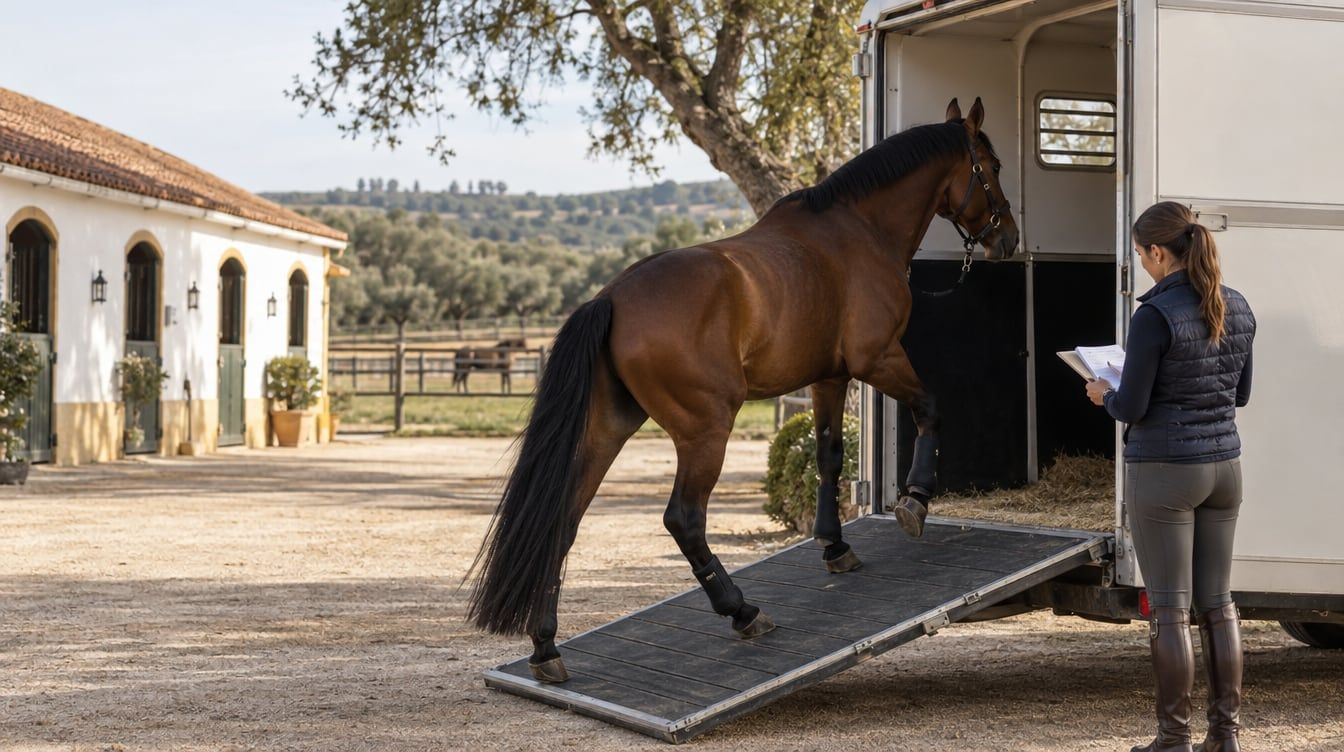 Cavalo castanho a subir a rampa de um camião enquanto uma mulher consulta papéis