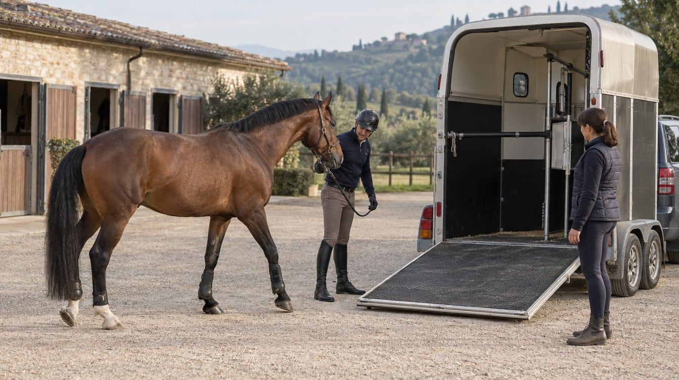 Un proprietario accompagna un cavallo baio verso la rampa abbassata di un trailer accanto a una scuderia