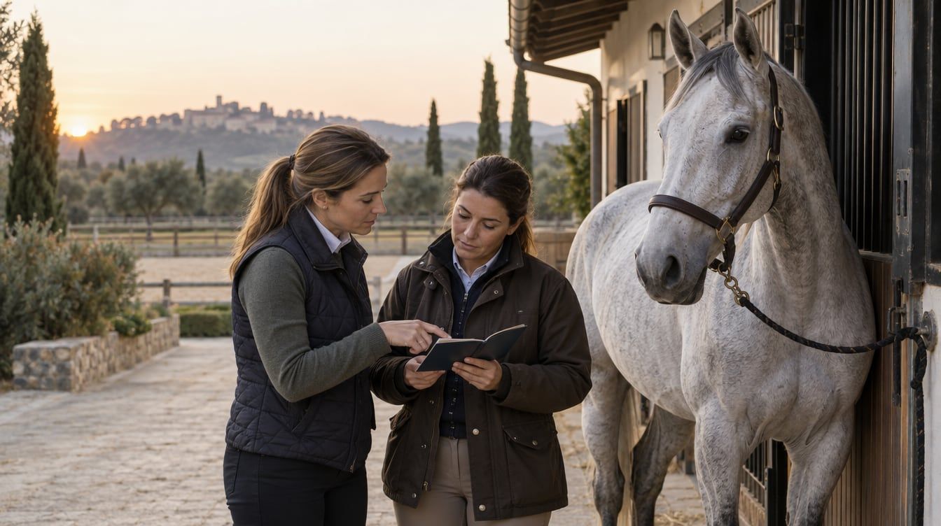 Comprador revisando el pasaporte de un caballo junto a la cuadra en España