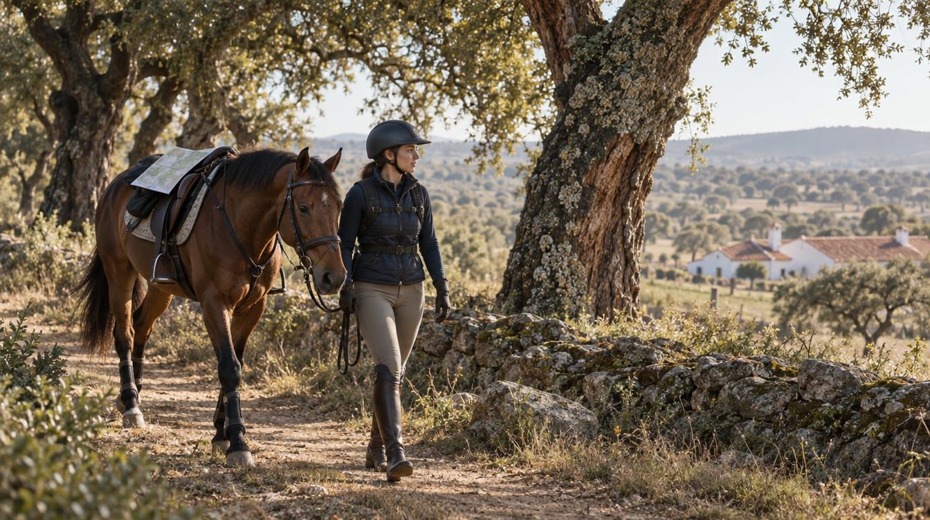Cavaleira conduz um cavalo por um trilho rural durante treino de TREC em Portugal
