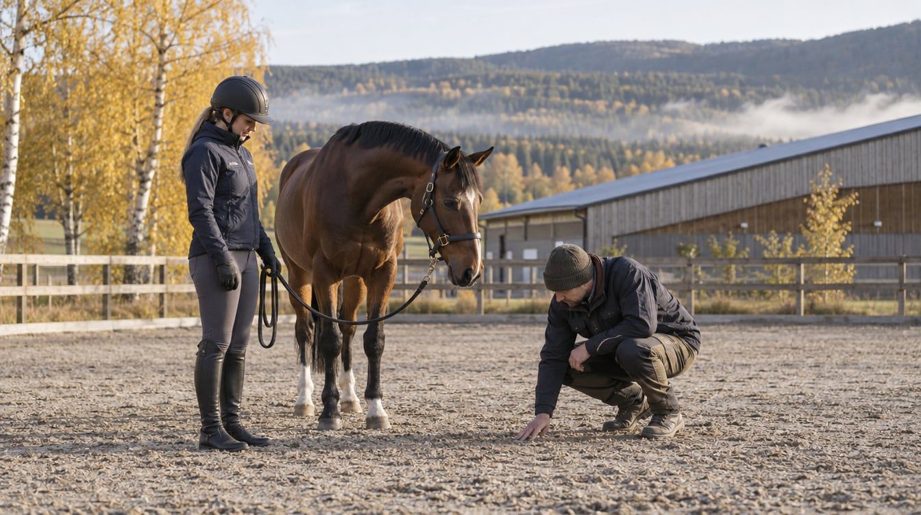 En baneansvarlig undersøker ridebaneunderlaget mens en rytter står ved siden av med en brun hest.