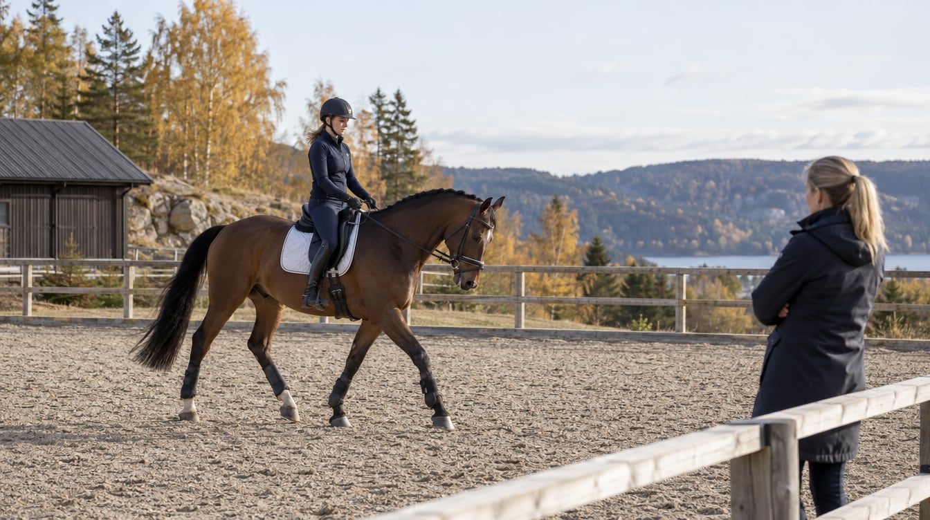 Rytter på brun hest på en utendørs dressurbane