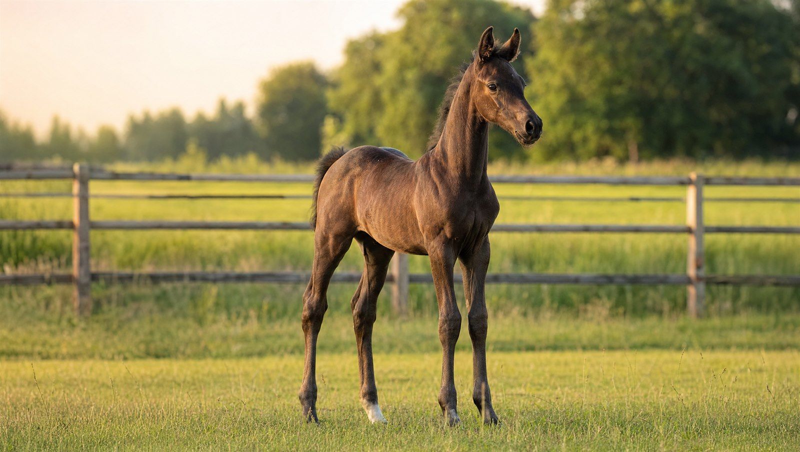 Dark brown warmblood sport foal in a Dutch meadow at golden hour – perfect type to buy as a foal for sport