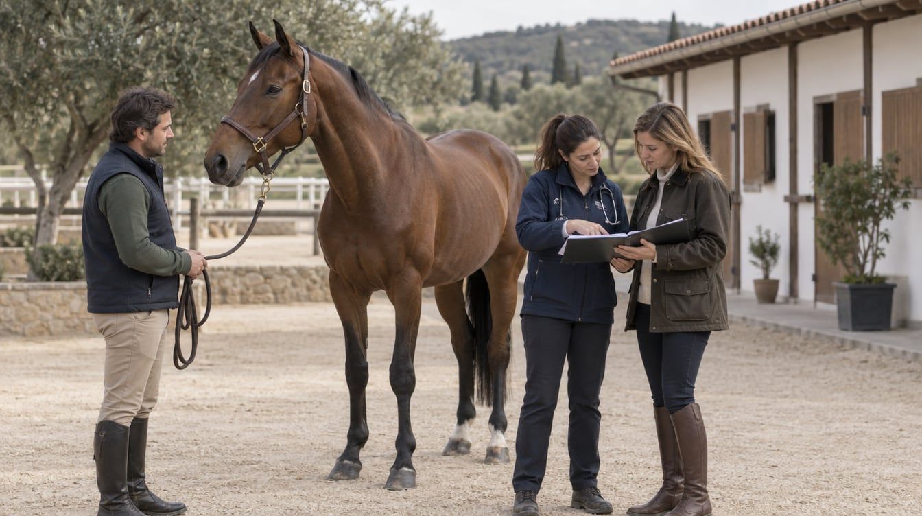 Compradora y veterinaria revisan documentos junto a un caballo de deporte castaño en el patio de una hípica
