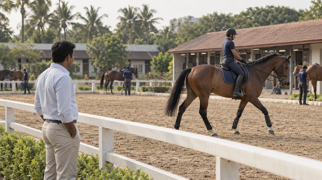 Buyer observing a sport horse during warm-up at an Indian National Qualifier
