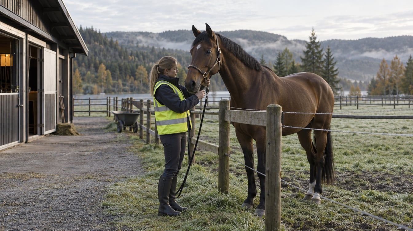 En hest og stallansvarlig ved en paddock utenfor en norsk stall om høsten