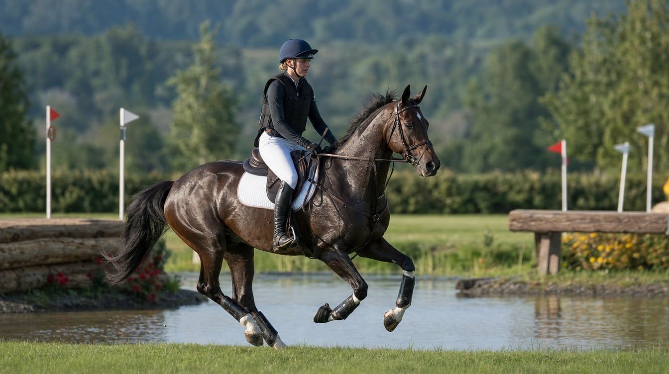 Eventing horse in controlled gallop over natural cross-country terrain with an international appearance