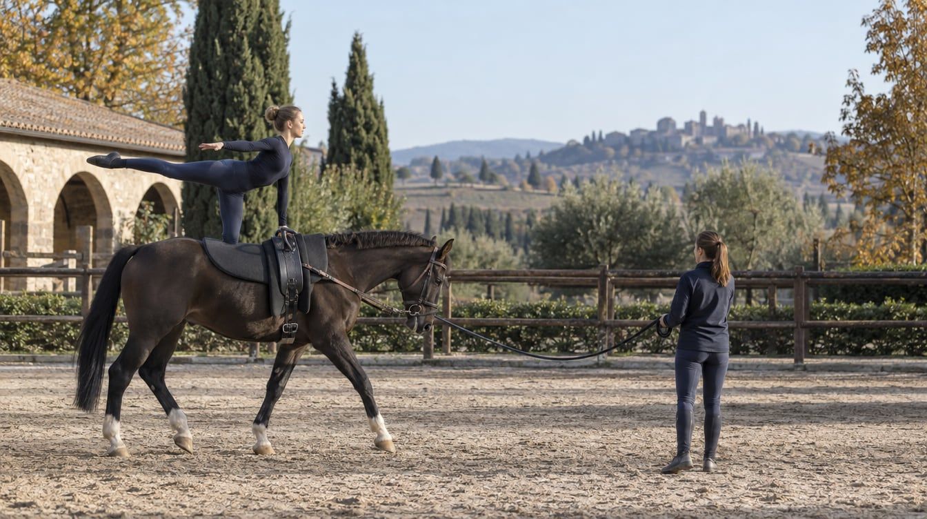 Atleta di volteggio con cavallo alla longe in un centro ippico italiano