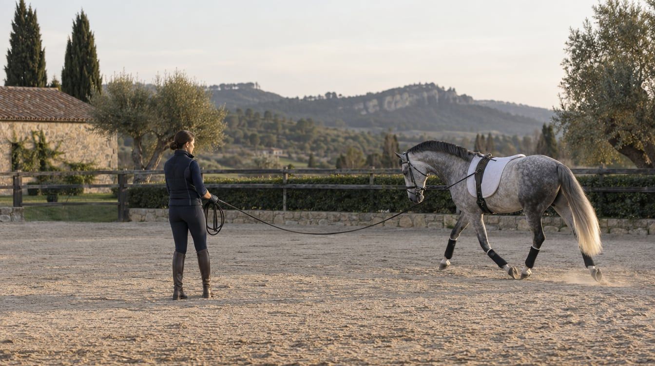 Equipo de volteo entrenando con un caballo a la cuerda en una pista española