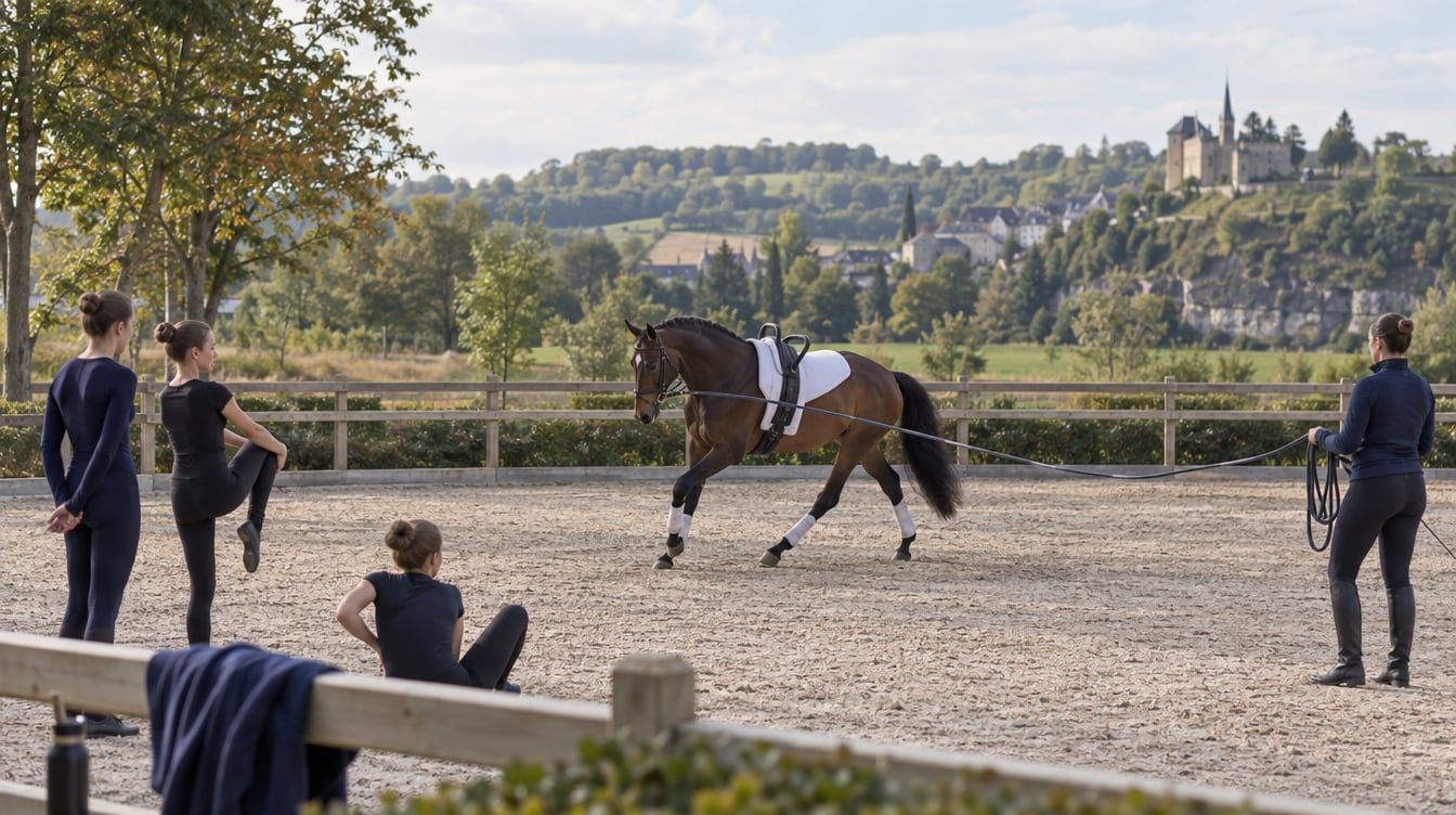 Voltigeurs s’échauffant près d’un cheval longé dans une carrière au Luxembourg