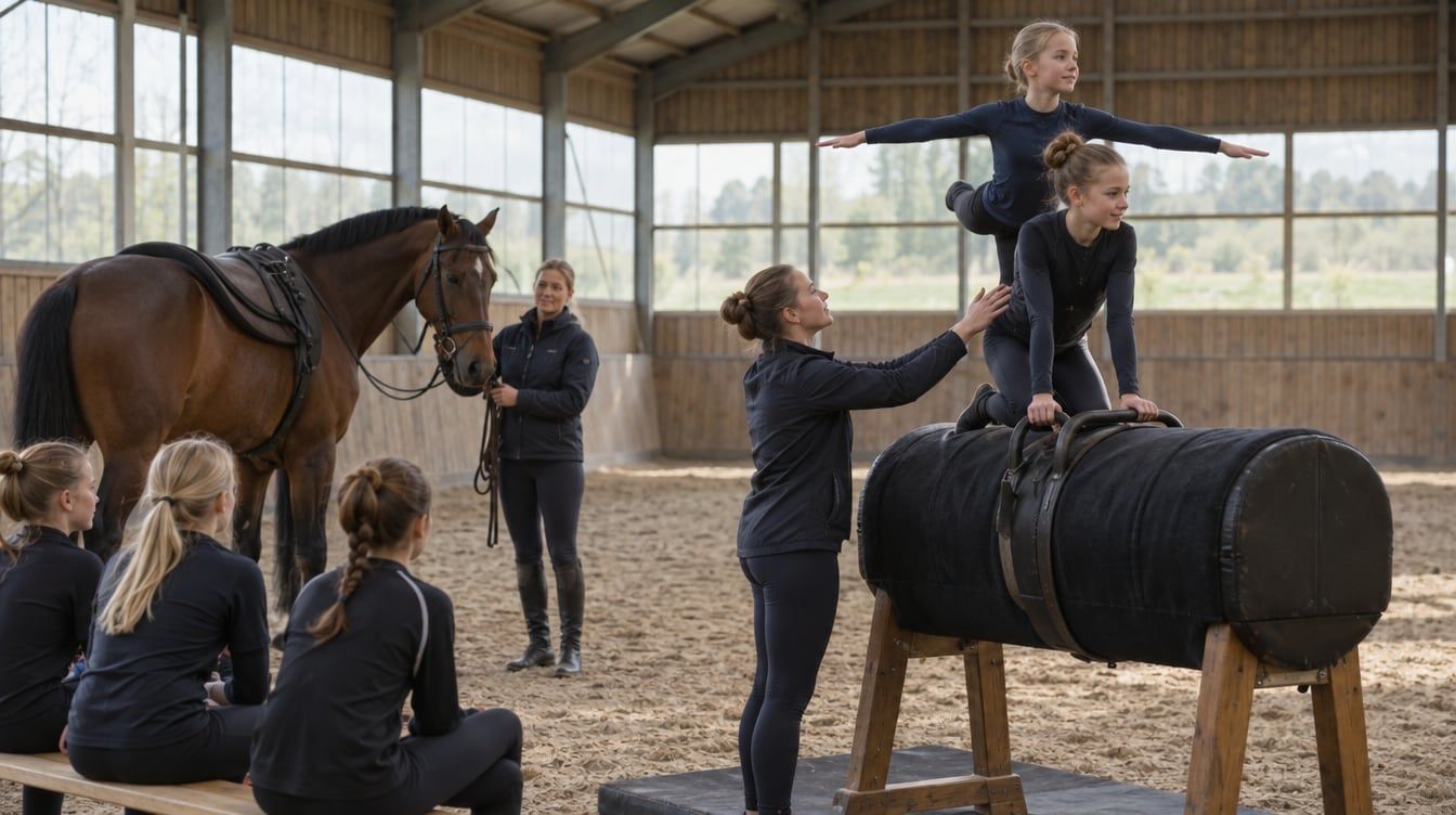 Træner og unge ved en træhest i en ridehal, mens en hest står hos en hjælper.