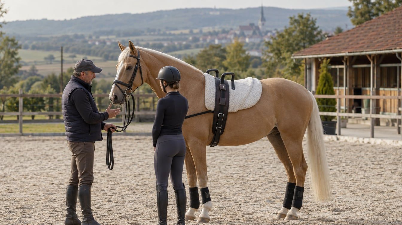 Un antrenor și un sportiv adult lângă un cal cu chingă de voltijă și valtrap gros, într-un manej