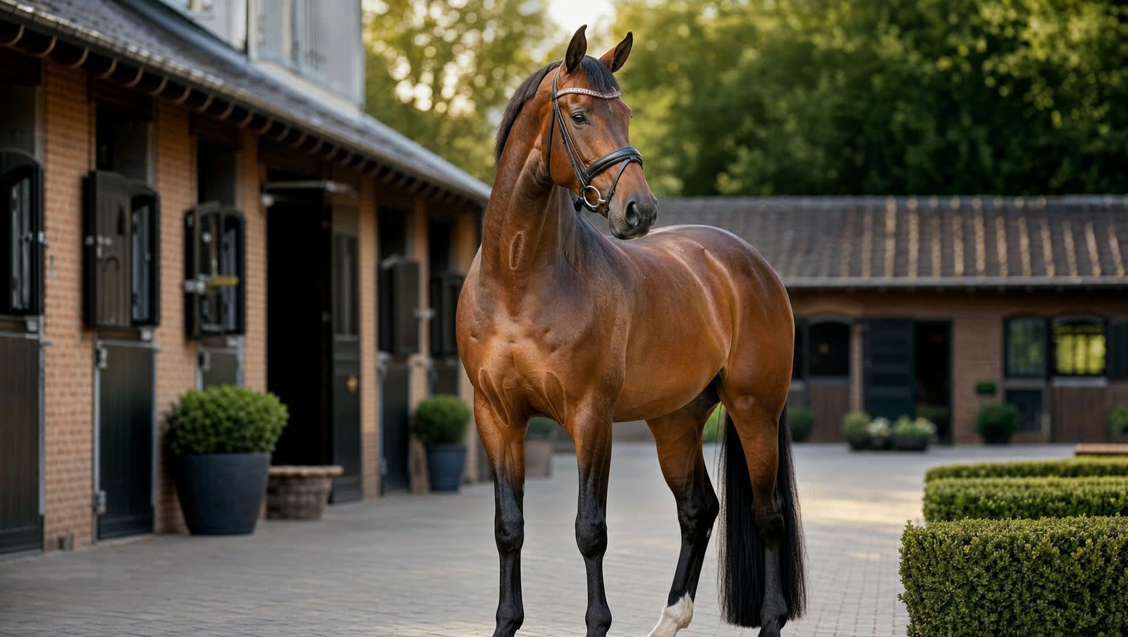 Well-groomed brown warmblood sport horse in a stable yard, image for the question what is my horse worth when selling