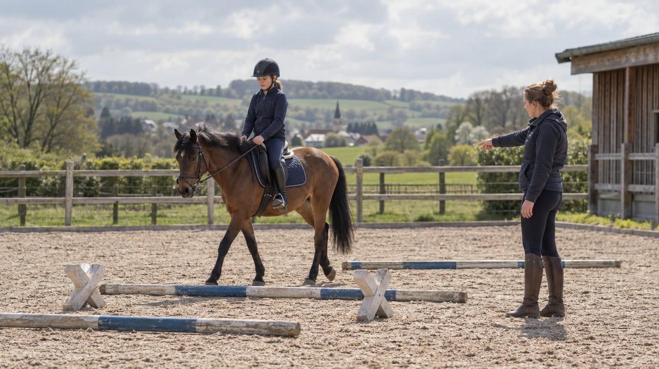 Une cavalière casquée sur un poney bai devant des barres au sol, avec une personne au bord de la carrière.
