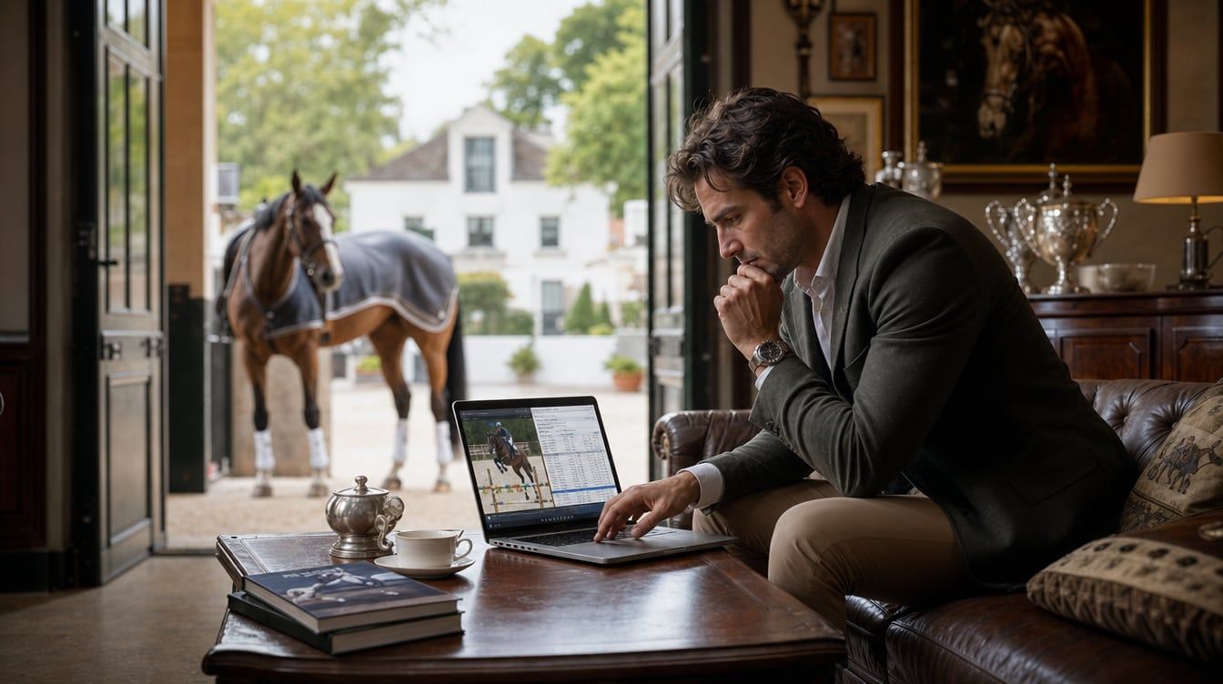 International buyer reviewing a sport horse competition record alongside competition footage in a calm stable environment