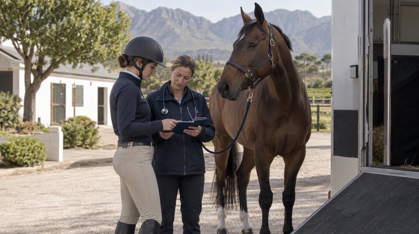 Sport horse being checked beside a transport vehicle at a Western Cape stable