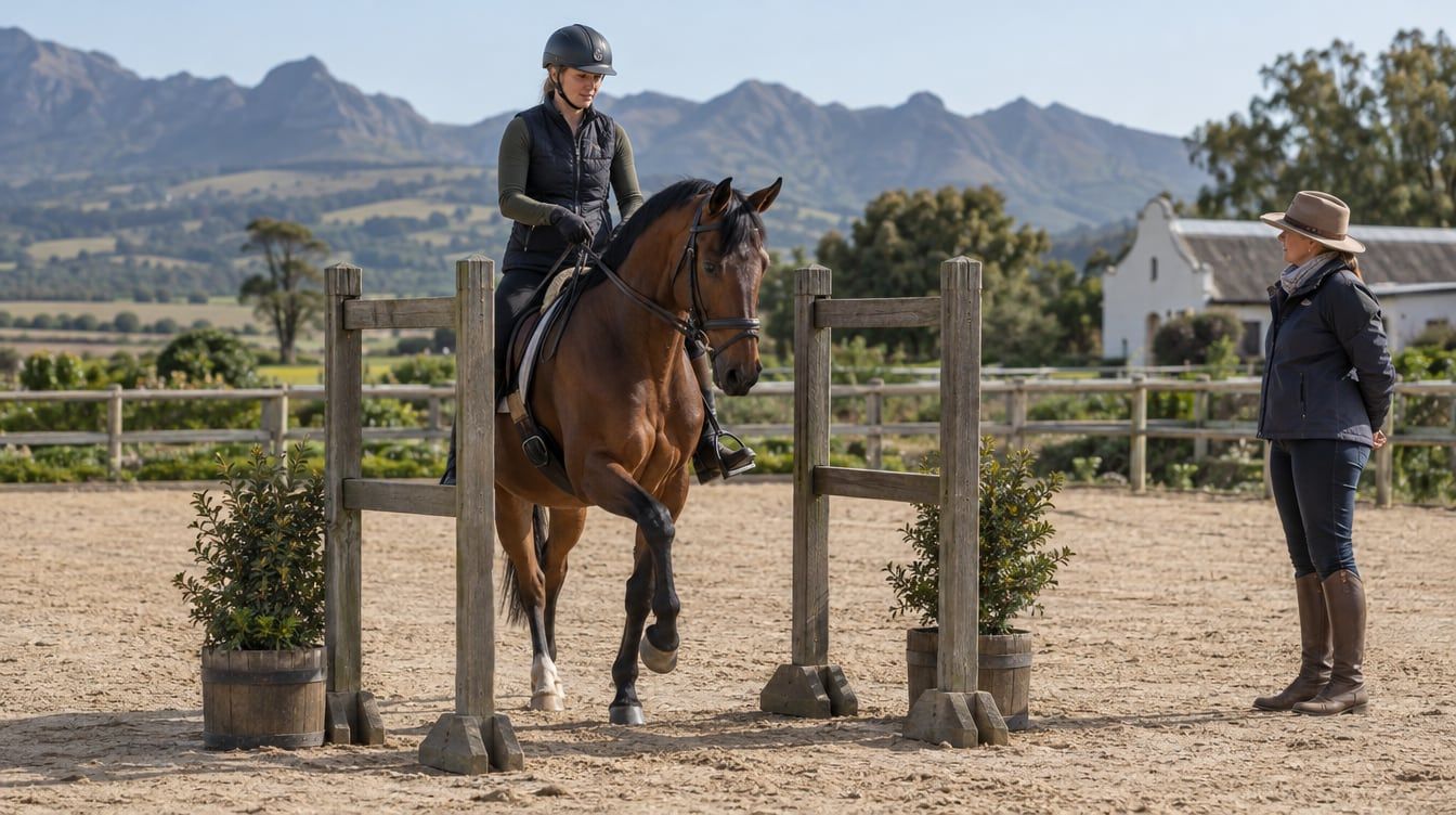 Rider on a bay horse passing through a gate obstacle in a sand arena