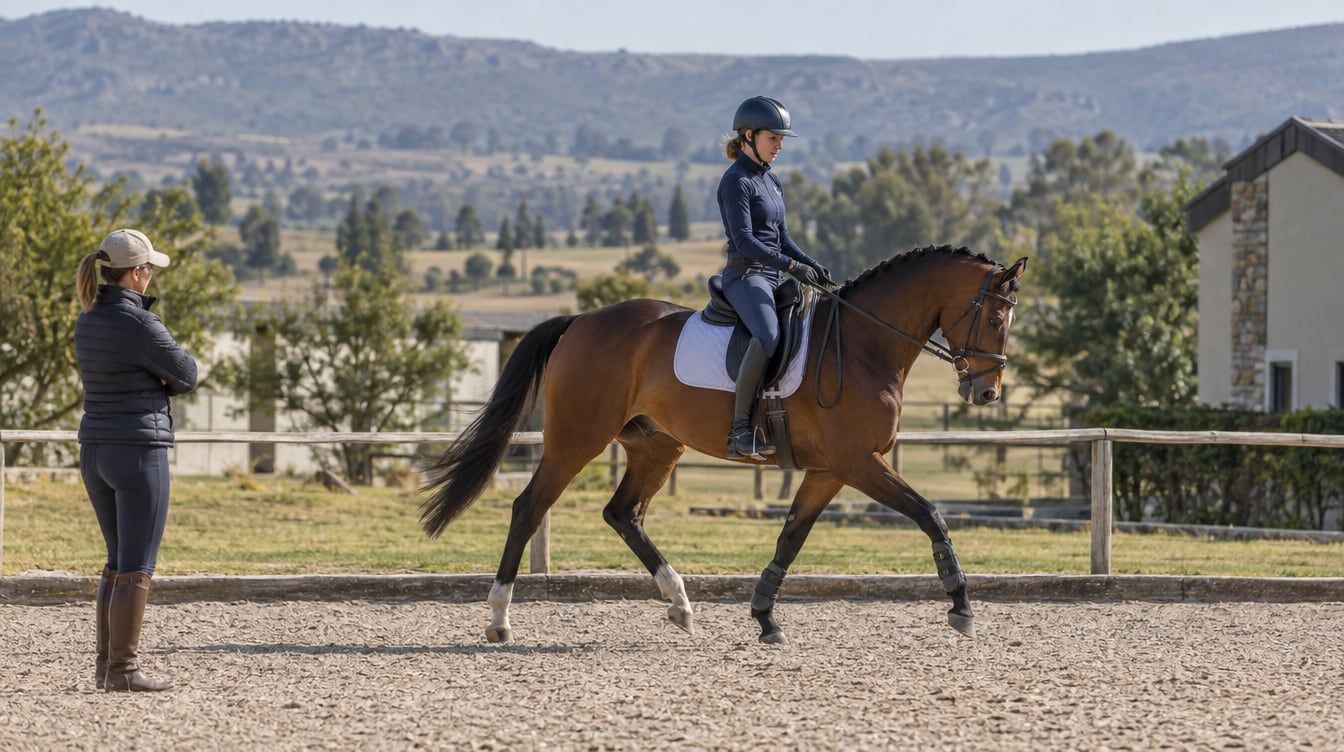 A rider schooling a young bay dressage horse while a trainer watches beside an outdoor arena